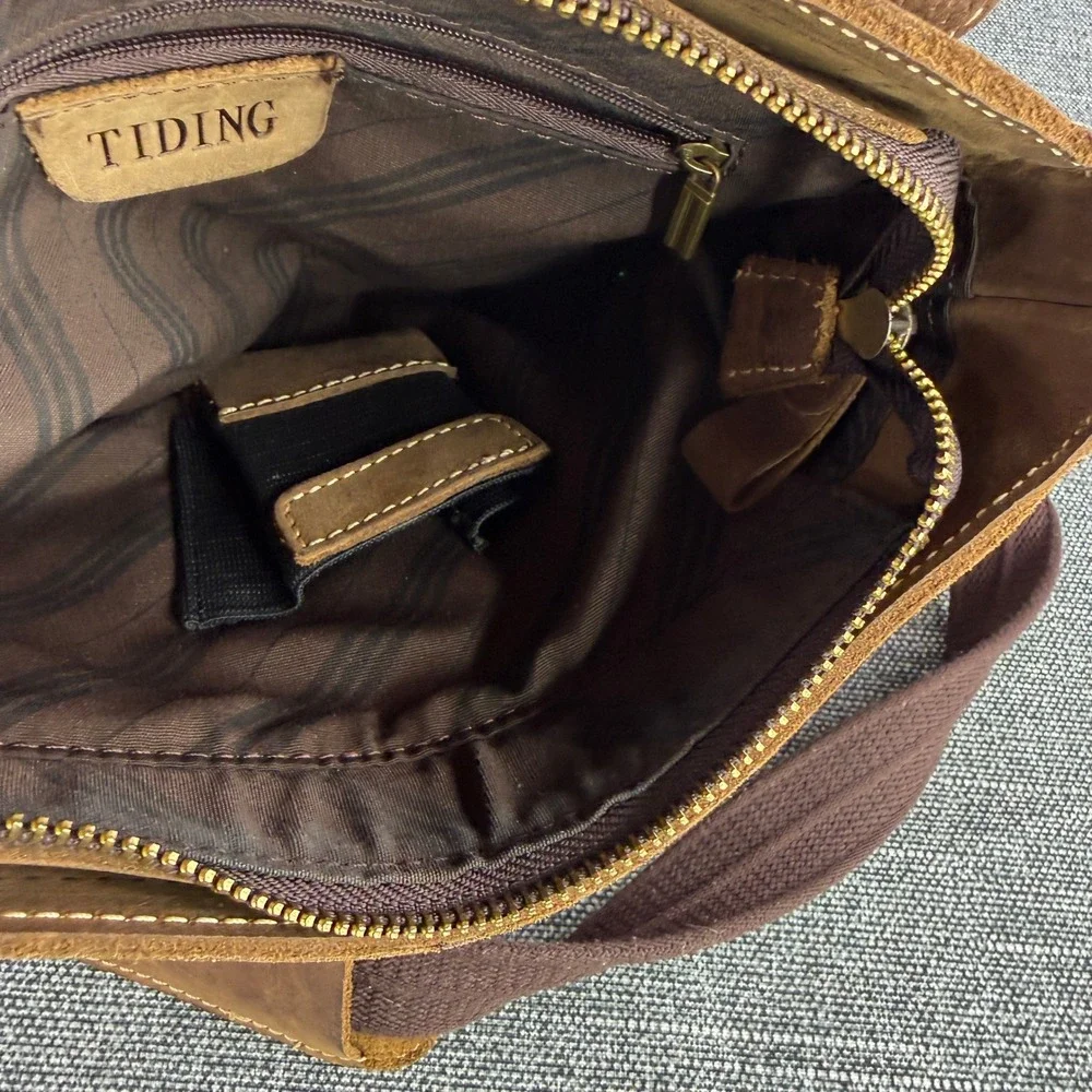 Tiding Messenger Bag Mens Brown Leather Crossbody Flap Satchel Pockets